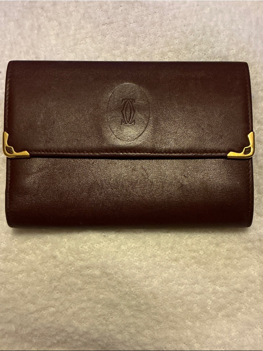 Cartier Burgundy Leather Wallet/Kiss lock with Gold-Tone Corners